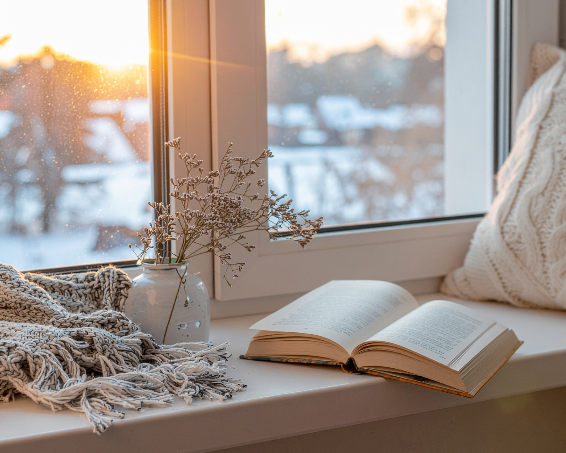 An open book resting near dried flowers in a ceramic vase and a soft knit blanket in warm morning light